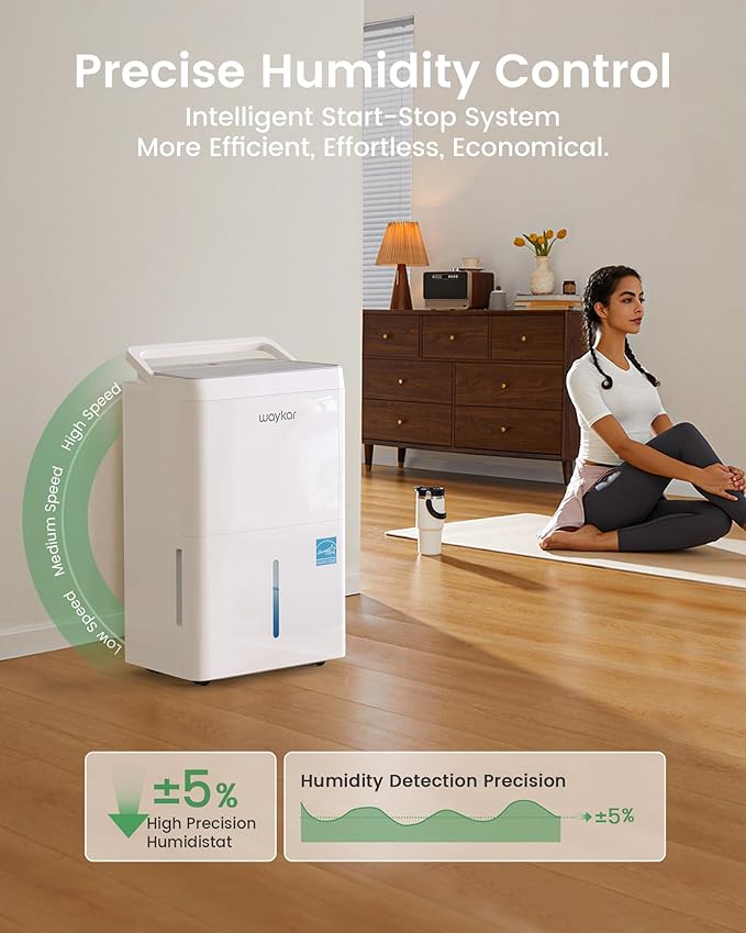 Waykar 80 Pint 2025 Energy Star Dehumidifier for Home, Basement, Large Rooms up to 5,000 Sq. Ft. - Auto Defrost, Ultra Quiet(40 dB), Auto Comfort Mode, with Drain Hose & Water Tank