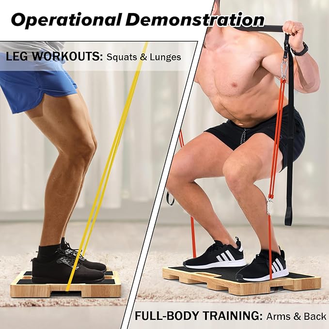 Wooden Resistance Band Foot Plate, Non-Slip Exercise Board with Free Soft Pad & Drawstring Bag for Strength Training, Stretching & Balance, Home Gym Fitness Platform for Full-Body Exercises-FlexoryFit