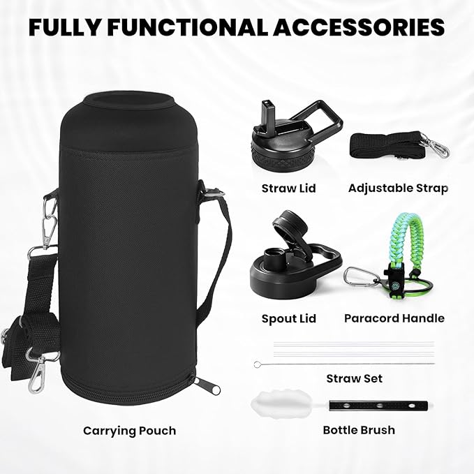 Insulated Water Bottle 87 oz, Triple Wall Vacuum Stainless Steel (Cold for 48 Hrs), Leak Proof & Non-BPA, Modern Water Flask Jug with Paracord Handle & Straw Spout Lids, Ombre Green-FlexoryFit