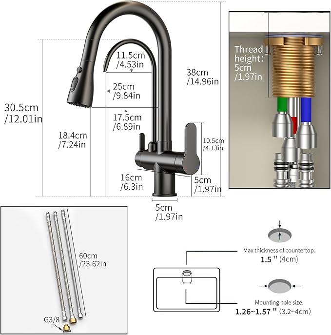 Kitchen Sink Faucet with Pull - Down Sprayer, 2 - Handle 3 - in - 1 Kitchen Sink Filter Faucet, Cold and Hot Mixer Drinking Water Faucet (Black-02)