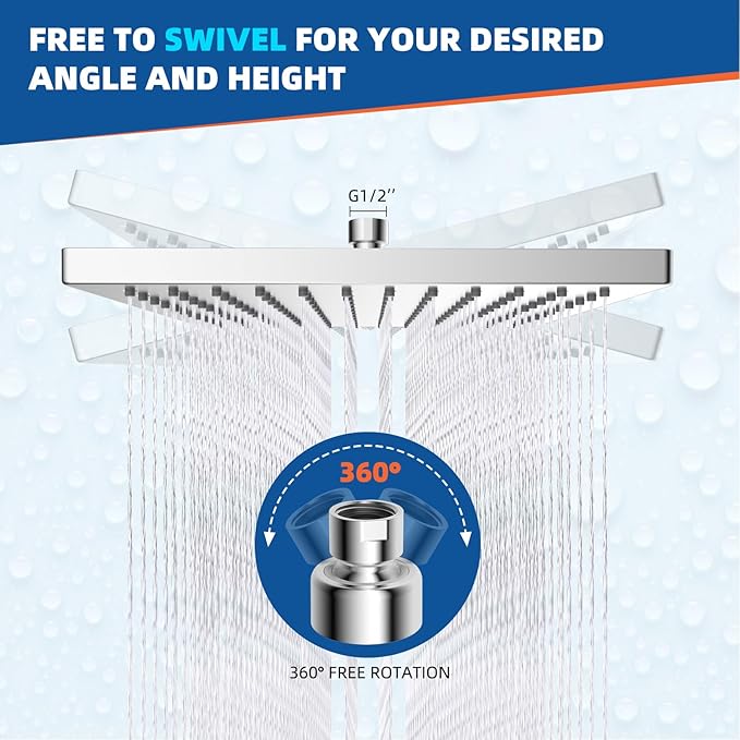 Hibbent Thickness Metal Rain Shower Head, 12 Inch High Pressure Shower Heads, Square Large Bathroom Rainfall Shower Head with Adjustable Brass Ball Joint, Waterfall Full Body Coverage, Chrome