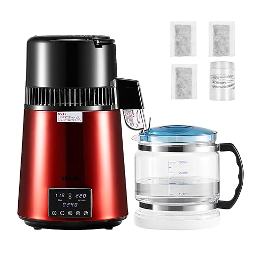 VEVOR Water Distiller, 4L 1.1 Gallon Pure Water Purifier Filter for Home Table Countertop, 1750W Distilled Maker with Glass Pot, Stainless Steel Interior Drinking Machine to Make Clean Waters, Red