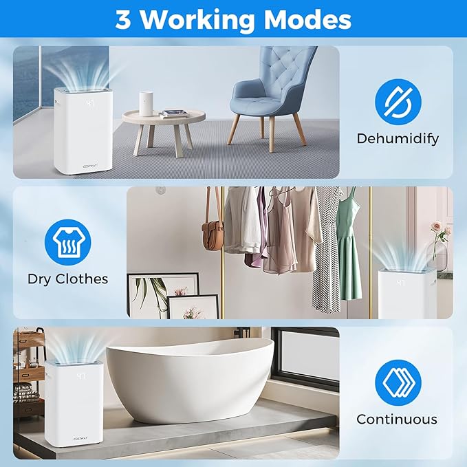 COSTWAY 52 Pint Dehumidifier for Basement, 3.3 FT Drain Hose, Clothes Drying Modes, Auto Defrost, Child Lock & 24H Timer, Home Dehumidifier for Bedroom, Bathroom, Garage