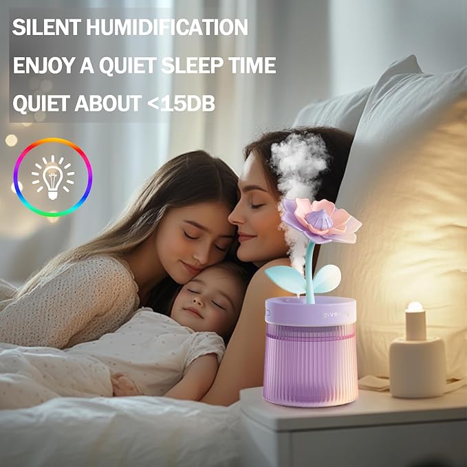 Cute Mini Humidifier 320mL Cool Mist Humidifie mute with 2 Mist Modes,for Home/Nursery/Office,Portable Mini Air Moisturizer,rechargeable mini humidifier(Gardenia purple)