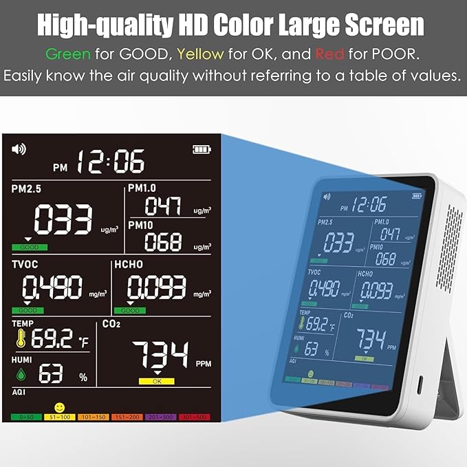 Professional Indoor Air Quality Monitor with AQI Beep Alarms, Portable Real-Time Detector for Home Cars Plants and Pets (Cream White)