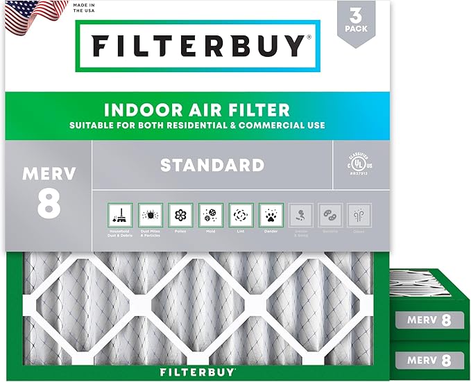 Filterbuy 16x16x2 Air Filter MERV 8 Dust Defense (3-Pack), Pleated HVAC AC Furnace Air Filters Replacement (Actual Size: 15.50 x 15.50 x 1.75 Inches)