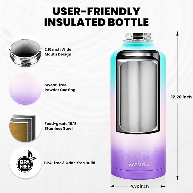Insulated Water Bottle 87 oz, Triple Wall Vacuum Stainless Steel (Cold for 48 Hrs), Leak Proof & Non-BPA, Modern Water Flask Jug with Paracord Handle & Straw Spout Lids, Hydrangea-FlexoryFit