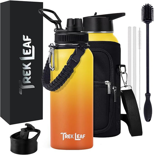 Travel Water Bottle with 3 Lids (Spout, Straw, Flip) Leak Proof, Quality, Vacuum Insulated, Stainless Steel (Sunrise, 32 oz)