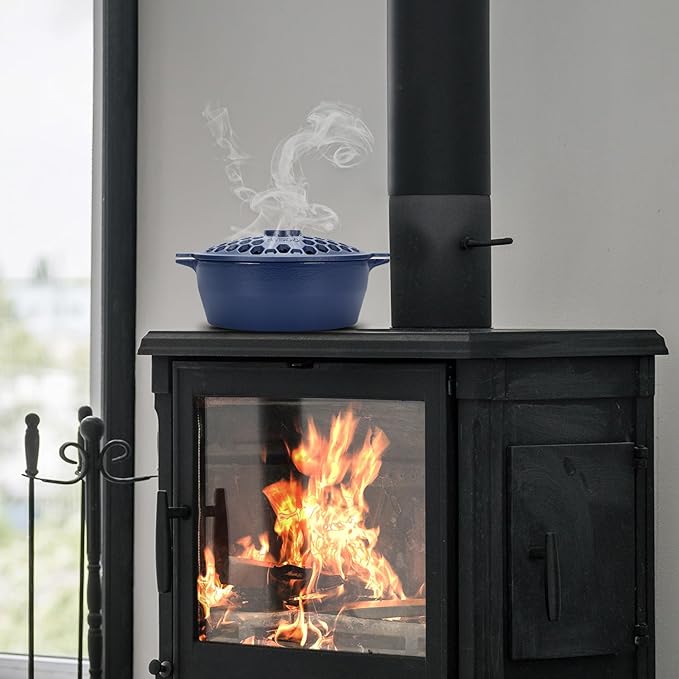 STBoo Wood Stove Steamer - Cast Iron Fireplace Humidifier | Indoor Pot for Home Heating | Bowl Fire Place Stove Covers Accessories Decorative | Matte Finish & Rust Resistan & 2.7 Quart, Blue