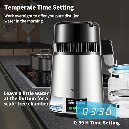 VEVOR 1.1 Gal Water Distiller, 0.3 Gal/H, Distilled Water Maker Machine 750W 0-99H Timing Set Temp Display, 304 Stainless Steel Countertop Distiller Glass Carafe Cleaning Powder 3 Carbon Packs, Silver