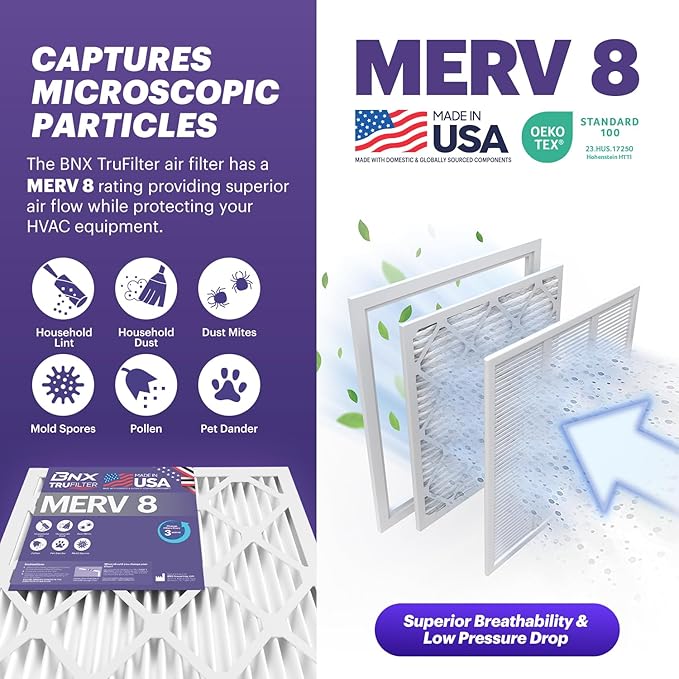 BNX TruFilter 16x24x1 Air Filter MERV 8 (6-Pack) - MADE IN USA – Dust & Pet Defense Pleated Air Conditioner HVAC AC Furnace Filters for Dust, Pet, Mold, Pollen MPR 600 – 700 & FPR 5