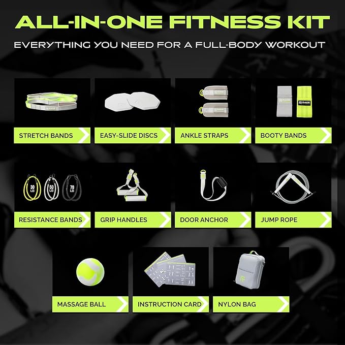 Ex Kit Home Gym Equipment with Carry Bag - 10Pcs Resistance Bands Kit with Handles, Door Anchor, Jump Rope, Booty Bands & More – Full Body Workout Bands Set for Strength, Cardio & Flexibility-FlexoryFit