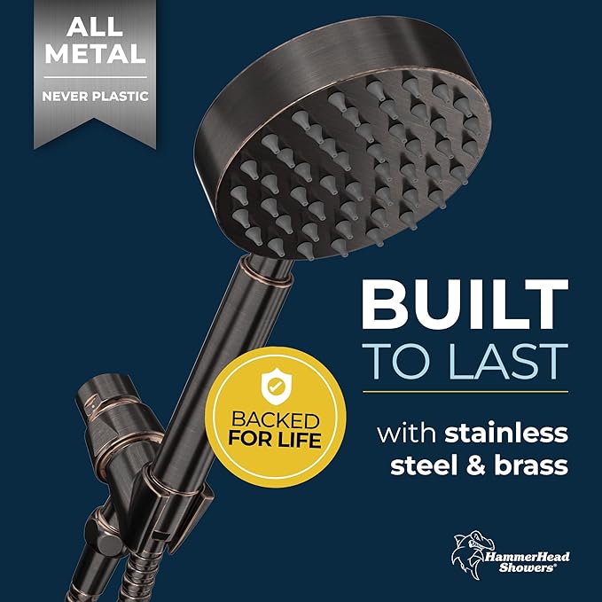 HammerHead Showers® Solid Metal LOW FLOW Handheld Shower Head with Hose and Brass Holder - OIL RUBBED BRONZE – Water Saving 1.75 GPM Detachable Shower Head - Adjustable Shower Wand Bracket & 6ft Hose