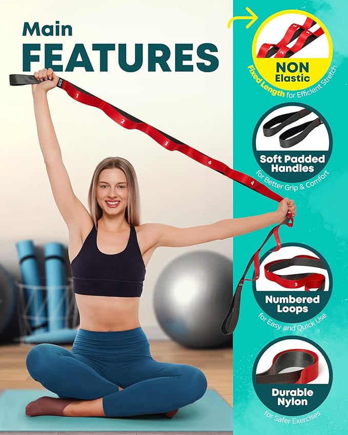 Stretching Strap with Loops - Non Elastic Stretch Band for Physical Therapy, Yoga Strap for Stretching Equipment, Stretch Bands for Exercise and Flexibility - Fascia, Hamstring & Leg Stretcher Belt-FlexoryFit