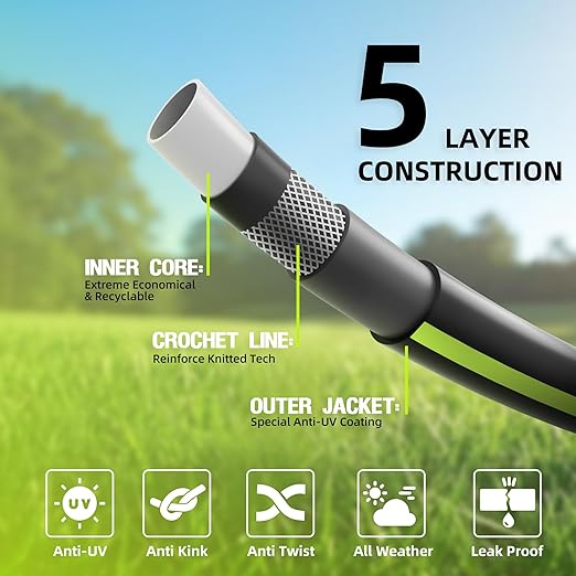 Worth Leader Long Garden Hose 5/8 in. x 75 ft. -No Kink, Flexible, Leakproof, Male to Female Fittings -Heavy Duty Durable PVC Lightweight Water Pipe with Brass Aluminum Ends for Household & Yard Use
