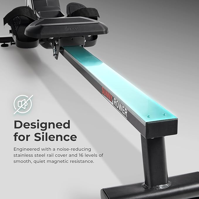 Sunny Health & Fitness Flip & Foldable Rowing Machine for Home w/Extended Slide Rail, Full-Body Workout, Low-Impact, Optional Extra Long Rail, Quiet Rail Cover, Water Motion and Free SunnyFit App-FlexoryFit