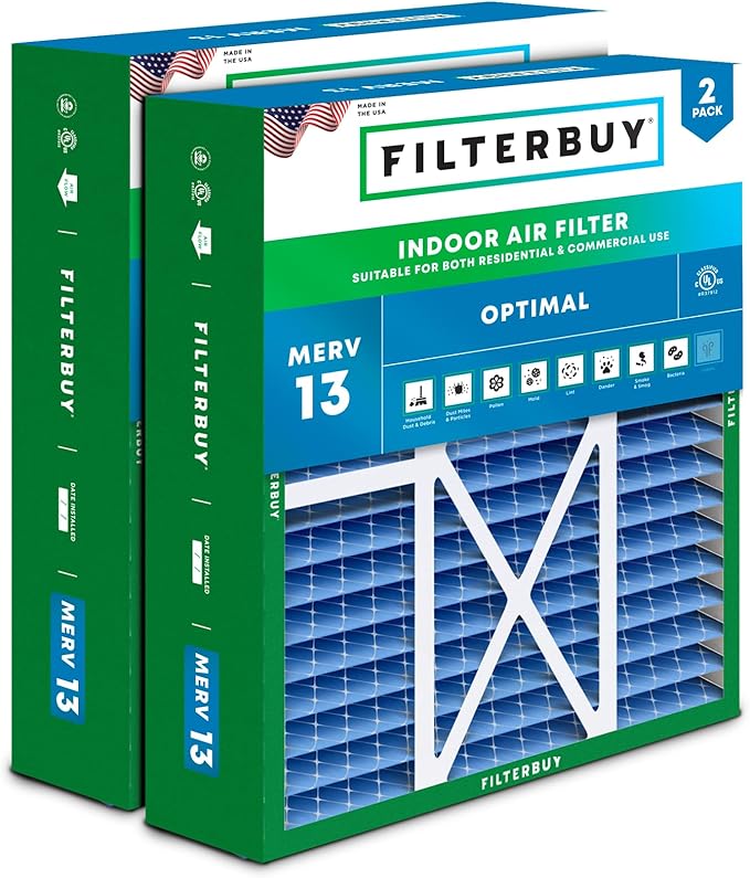 Filterbuy 20x22x5 Air Filter MERV 13 Optimal Defense (2-Pack), Pleated HVAC AC Furnace Air Filters Replacement for Amana, Goodman, Nordyne, & Five Seasons (Actual Size: 19.50 x 21.94 x 5.25 Inches)