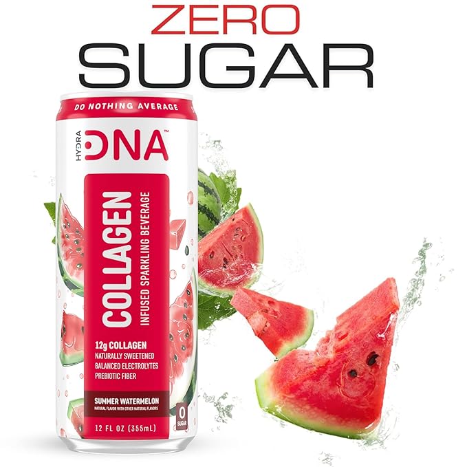 HYDRADNA- Sparkling Liquid Collagen Protein Water Drink Balanced Nutrients for Wellness - Sugar-Free - Keto-Friendly - No Gluten (12 Pack) Watermelon-FlexoryFit