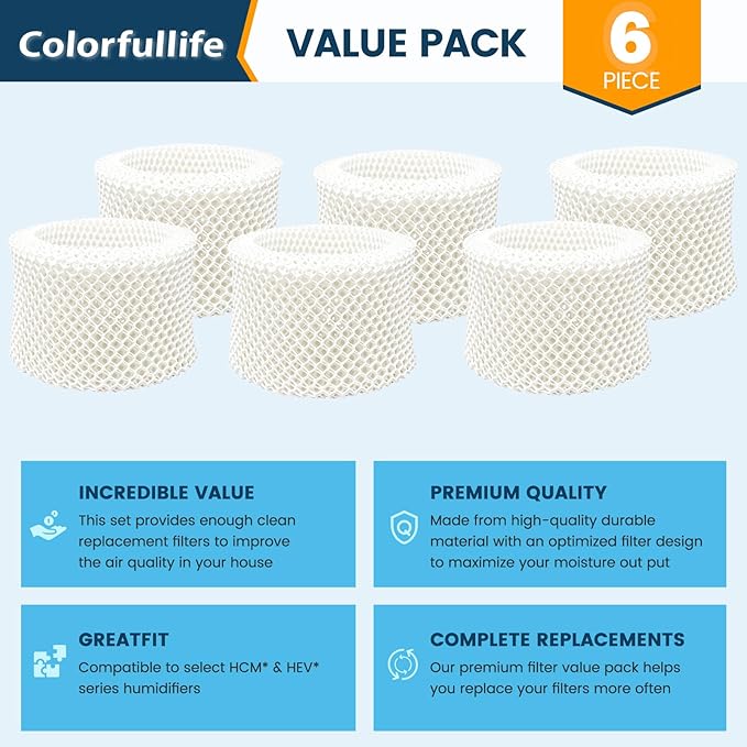 Colorfullife 6 Pack HAC-504 Humidifier Wicking Filters for Honeywell Humidifier HAC-504 HAC-504AW HAC504V1 HCM350 HCM-350W HCM-300T HCM-315T HCM-530 HCM-600 HCM-710 HEV-312, Replacement Filter A