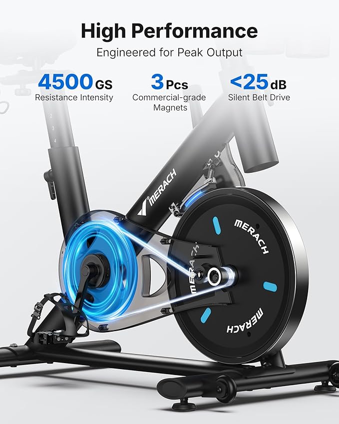 MERACH Exercise Bike, Brake Pad Stationary Bike with Exclusive App, Low Noise Indoor Cycling Bike with 300lbs Weight Capacity, Tablet Mount and Fitness Courses for Weight Loss