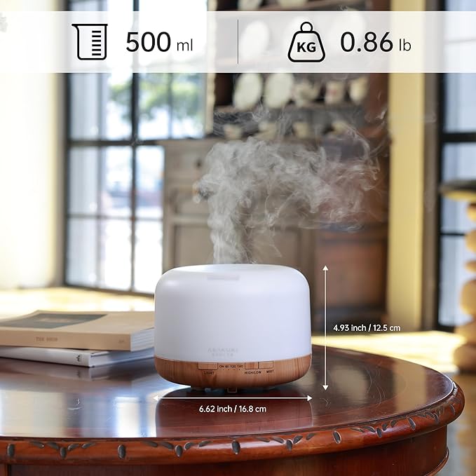 ASAKUKI Essential Oil Diffuser 500ml, Ultrasonic Aromatherapy Humidifier with Remote Control, 7 LED Colors, Timer & Auto-Off, Large Room Diffuser
