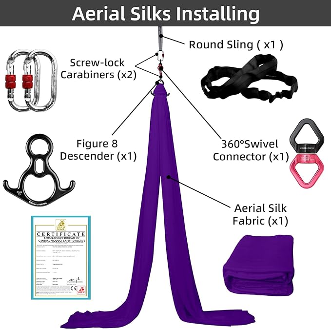 PRIOR FITNESS Aerial Silks Kit Colorful 9/15/20 Yards 40D Nylon Fabric Hammock Set With Hardware & Guide for All Levels Of Aerial Yoga Practice and Acrobatic Flying For Adults Aerial silk-FlexoryFit