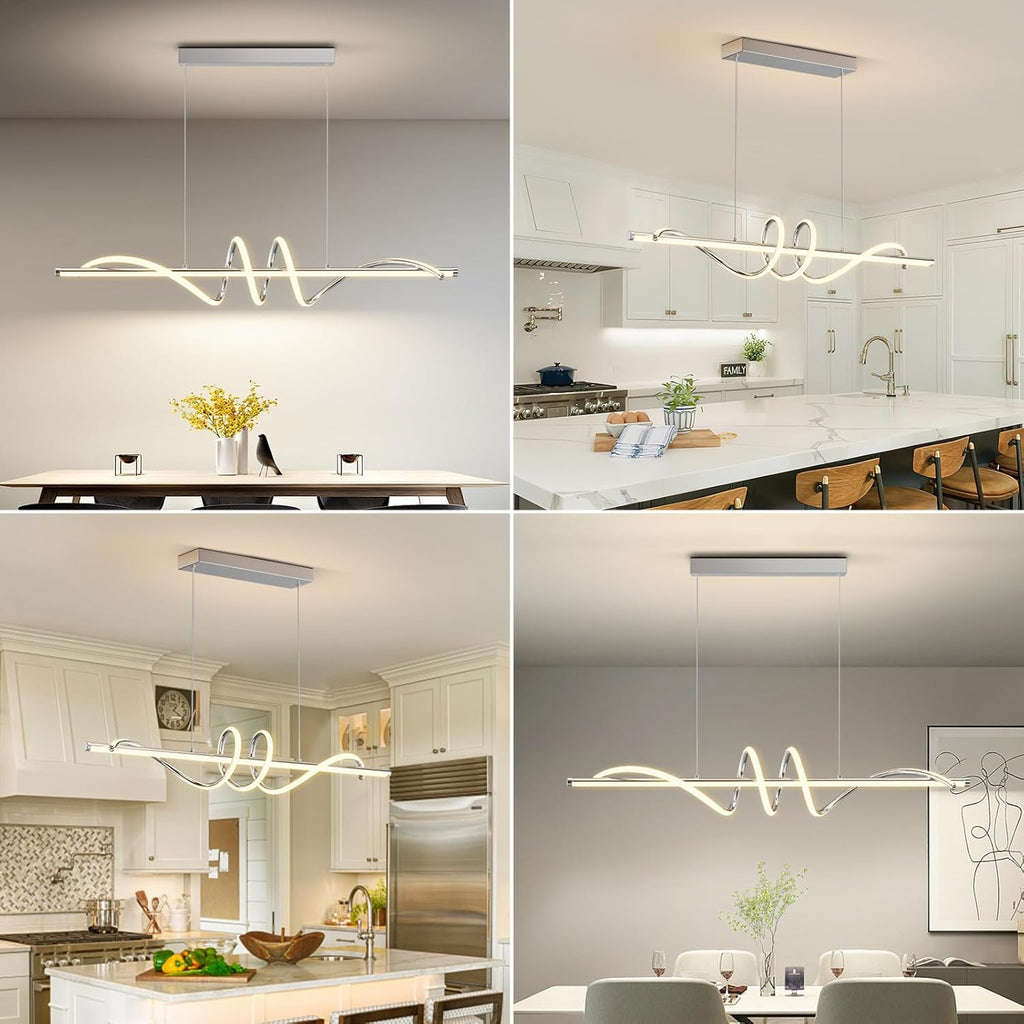 Modern Pendant Light Kitchen Island 39in Dimmable Hanging Lamp 3000k-6000K Adjustable Warm/Nautral/White with Remote Control, Kitchen Island Lighting Chrome Silver