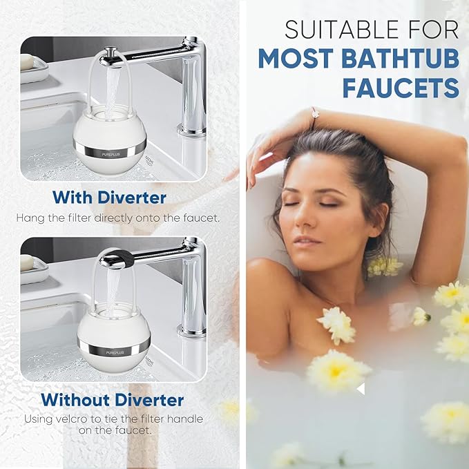 PUREPLUS Bathtub Bath Water Filter for Tub with 1 Extra Replacement Filter,8 Stages Kinder Filter,2500 Gallons Filtration,Remove Contaminants,Softer Skin & Hair,Reduce Chlorine & Heavy Metals,BPA Free