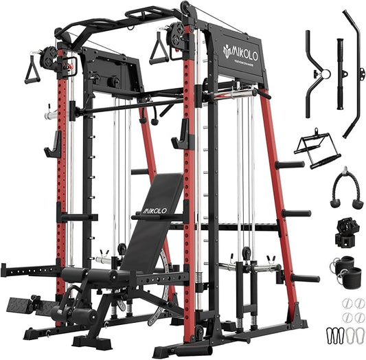 Mikolo Smith Machine, 2200lbs Squat Rack with LAT-Pull Down System & Cable Crossover Machine, Training Equipment with Leg Hold-Down Attachment-FlexoryFit