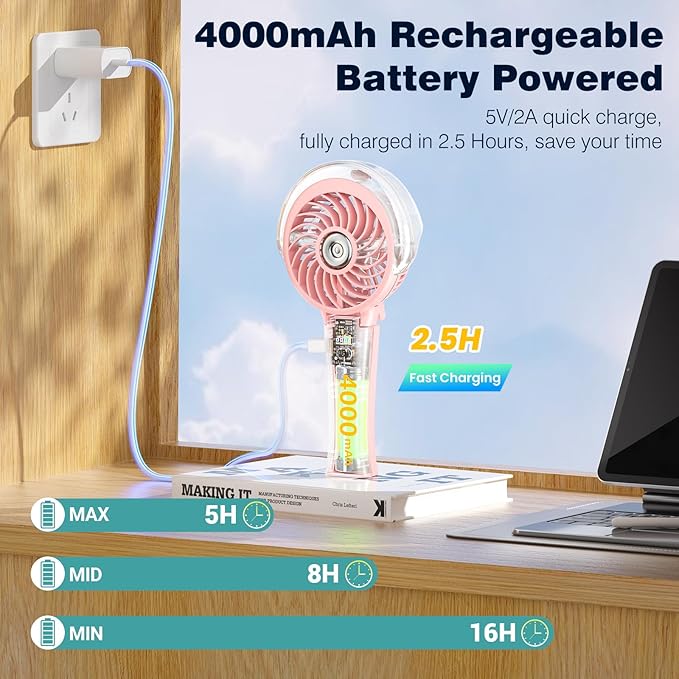 HandFan 4000mAh Handheld Misting Fan, 50ml Water Tank, Rechargeable Personal Mister Fan Portable AC, Spray Water Mist Fans, Foldable Cooling Ice Fans for Beach Travel Outdoors(Pink)