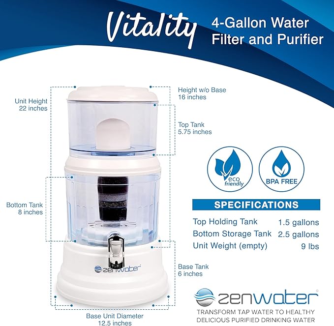 4-Gallon Countertop Gravity Water Filter System - Portable Alkaline Filtration System - Enjoy Clean and Mineral-Rich Hydration at Home, Office, or Travel