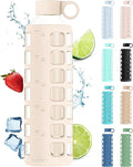 purifyou 40oz / 32oz / 22oz / 12oz Borosilicate Glass Water Bottle with Time & Volume Markers, Silicone Sleeve, Stainless Steel Lid | Reusable Glass Bottle for Water & Juice (32oz Pearled Ivory)