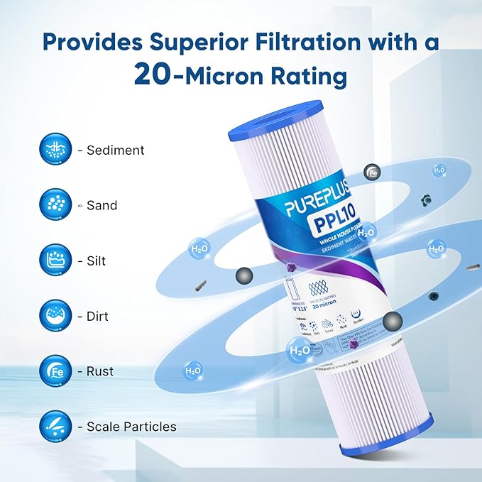 PUREPLUS 20 Micron 10"x2.5" Whole House Pleated Sediment Filter for Well Water, Replacement Cartridge for Universal 10 inch RO System, W50PE, WFPFC3002, SPC-25-1050, FM-50-975, 801-50, WB-50W, 6Pack