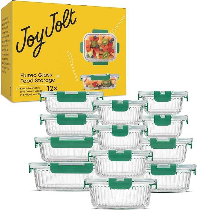 JoyJolt 24pc Borosilicate Glass Storage Containers with Lids | 12 Airtight/Freezer Safe Food Storage Containers for Pantry and Kitchen | Meal Prep Container for Lunch | Glass Tupperware Set-FlexoryFit
