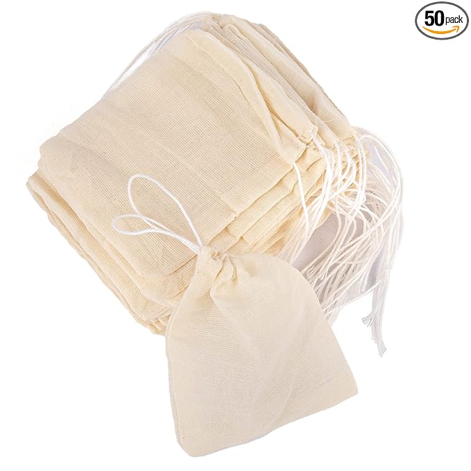 AUEAR, 50 Pack Reusable Drawstring Cotton Soup Bags Spice 3 x 4 Inch Tea Filter Coffee Brew Herb Muslin Cheesecloth for Straining