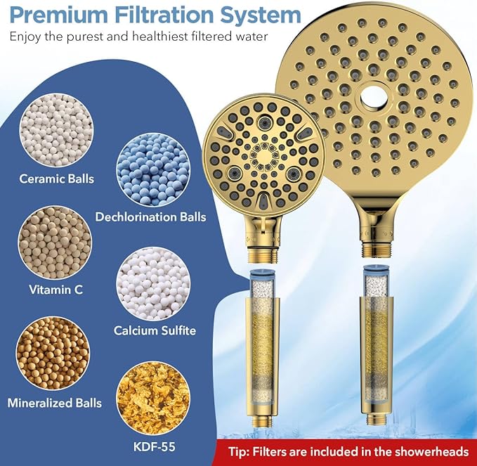 Dual Filtered Rain Shower Head Combo, High Pressure Handheld Shower Head with Adjustable Bar - Rainfall Shower Head And Showerhead with Filter for Hard Water - Removes Chlorine(Gold)