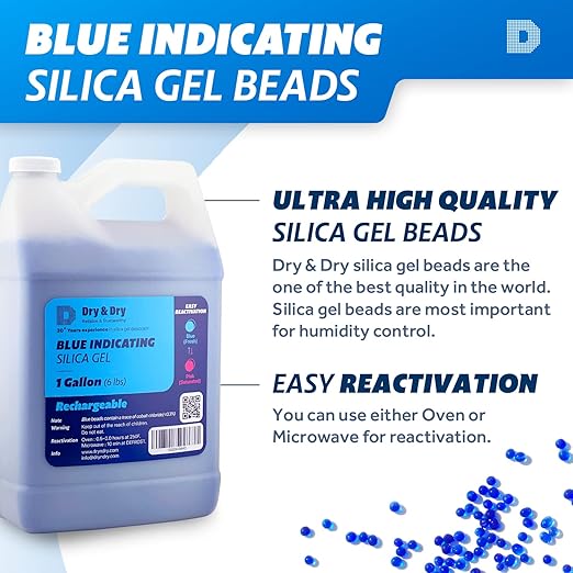 Dry & Dry [6 LBS] Blue Indicating Silica Gel Beads Desiccants (Industry Standard 3-5 mm) - Reusable Desiccant Beads Silica Beads(Blue to Pink)
