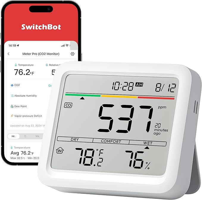 Air Quality Monitor Indoor 5-in-1 Meter Pro CO2 Detector, CO2 Alarm, CO2 Monitor with APP, Large Display, Bluetooth Air Quality Tester for Home, Office, 2-Year Data Storage (Meter Pro CO2)