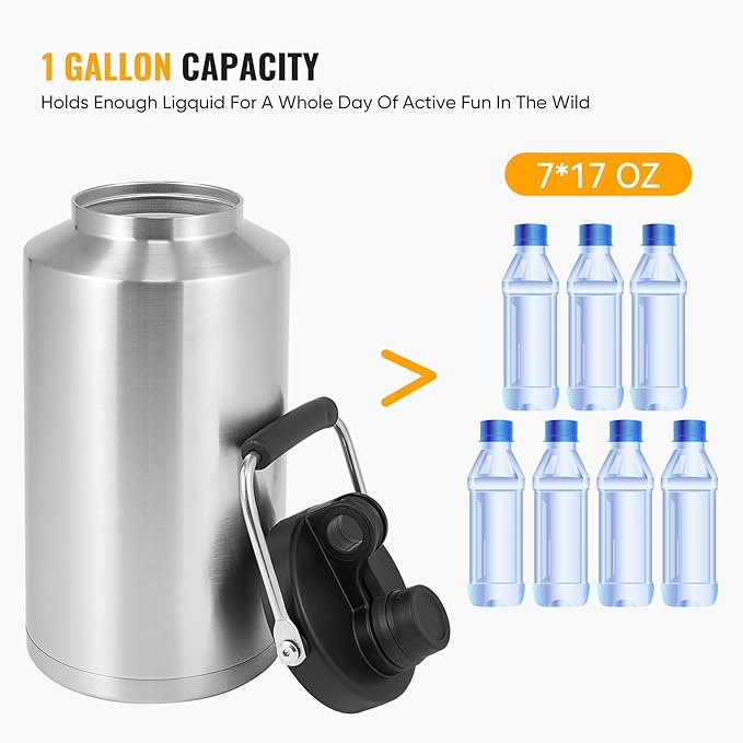 Kerilyn Insulated Gallon Jug with Handle, One Gallon, 128oz Stainless Steel, Large Double Vacuum Water Bottle for Hot & Cold Drinks, Wide Mouth, Sweat Proof, Great for Travel, Camping, Stainless-FlexoryFit
