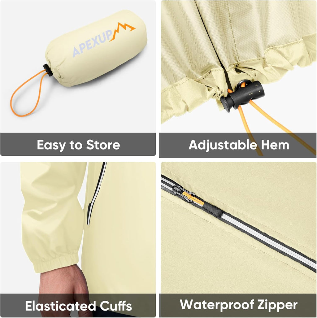 APEXUP Packable Rain Jacket Men with Reflective Zipper, Lightweight Waterproof Raincoat, Mens Rain Jacket for Outdoor Sports