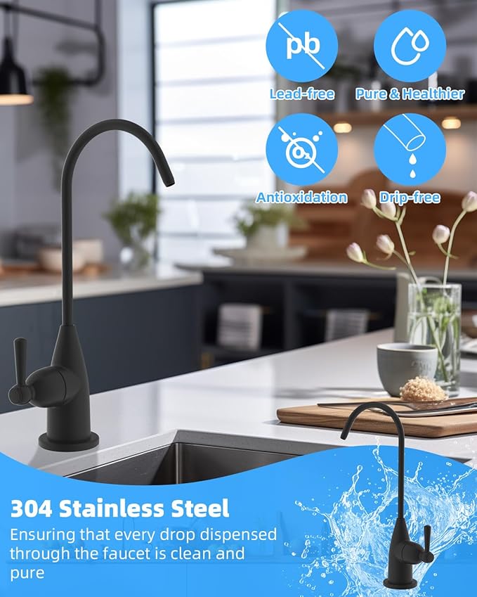 Hibbent Drinking Water Faucet for Bar and Kitchen Sink, Stainless Steel Reverse Osmosis RO Faucet for Under-Sink Filtration System, Matte Black Finish