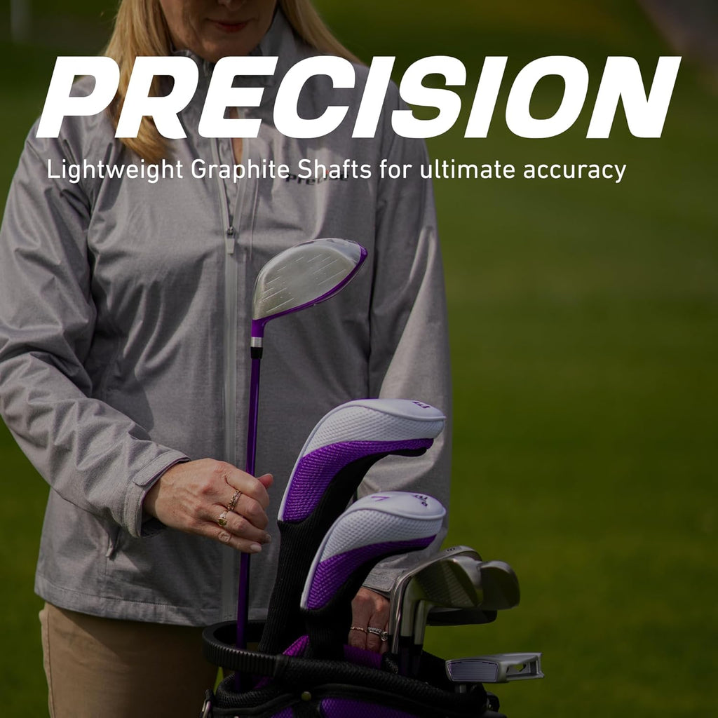 Precise M5 Women’s Golf Clubs Set – Complete Right-Handed Set with Titanium Driver, S.S. Fairway & Hybrid, 5-PW Irons, Putter, Stand Bag & Headcovers – Graphite Shafts – Purple – Petite/Standard/Tall