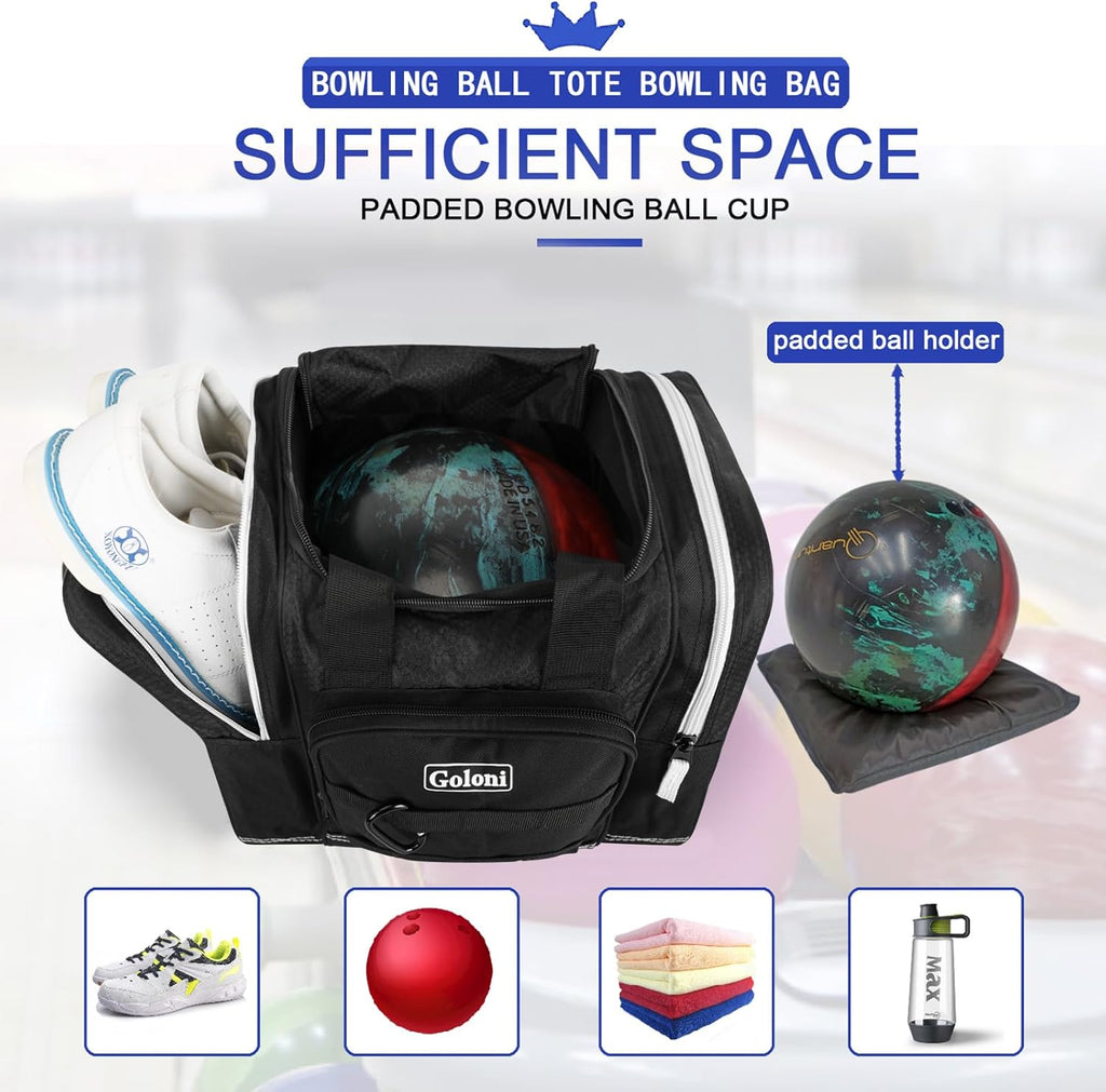 Goloni Bowling Ball Bag for Singer Ball with Padded Ball Holder, 2 Pockets fit Bowling Shoes Up to Mens Size 14 and Accessories