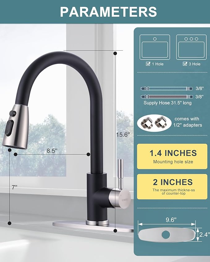 WOWOW Kitchen Faucets for Sink 1 or 3 Hole, High Arc Stainless Steel Kitchen Sink Faucet with Sprayer, Brushed Nickel and Black Faucet for Kitchen RV Laundry Sinks