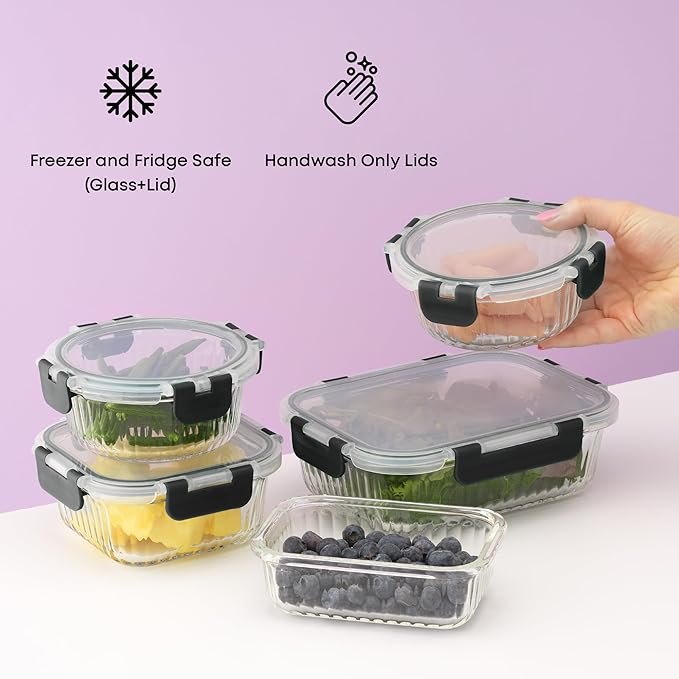 JoyJolt 24pc Borosilicate Glass Storage Containers with Lids | 12 Airtight/Freezer Safe Food Storage Containers for Pantry and Kitchen | Meal Prep Container for Lunch | Glass Tupperware Set-FlexoryFit