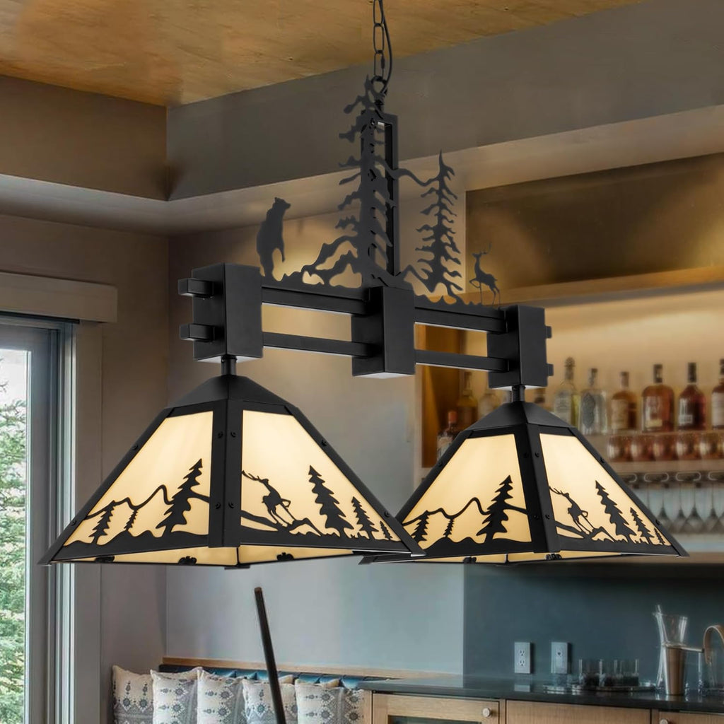 TOCHIC Pool Table Light 33''L, 2 Lights Hanging Billiard Light Fixture Overhead for Pool Billiard Table Rustic Black Chandelier Pendant Light for Dining Room, Kitchen, Game Room
