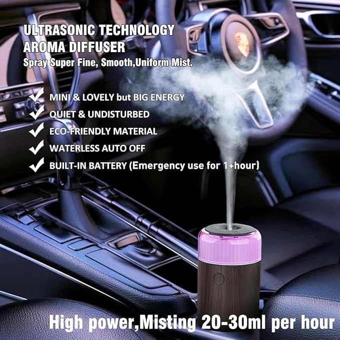 Unee Upgrade Car Diffuser,90ml USB Rechargeable Aroma Essential Oil Aromatherapy Humidifier Diffuser(Built-in Battery Dark Grey Wood Grain)