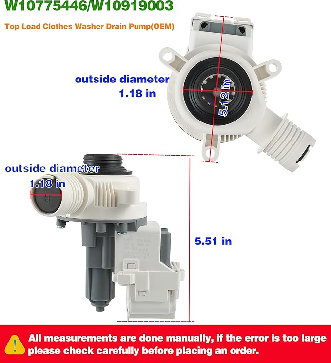 W10919003 W10775446 Washer Drain Pump Compatible With Whirlpool Kenmore Maytag Clothes Washer Washing Machine Water Drain Pump and Motor Replacement Parts for: AP6038235 4461359 PS11770076