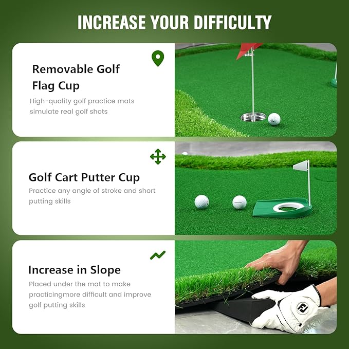 Thickened Realistic Golf Putting Green, 5 x 10ft Professional Golf Practice Training Mat for Indoor Outdoor, 3 Holes, Long Challenging Game Green Mat for Children with Training Aid Put Cup