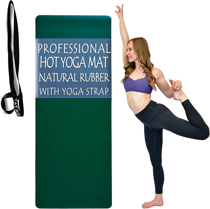 Tatago Hot Yoga Mat Non Slip-Professional Grade Natural Rubber Yoga Mat, Pliates Mat, Stretching Mat or exercise mats for home workout. Nonslip for Hot and Sweaty Classes. Includes Yoga Strap for Carrying and Stretching too.-FlexoryFit